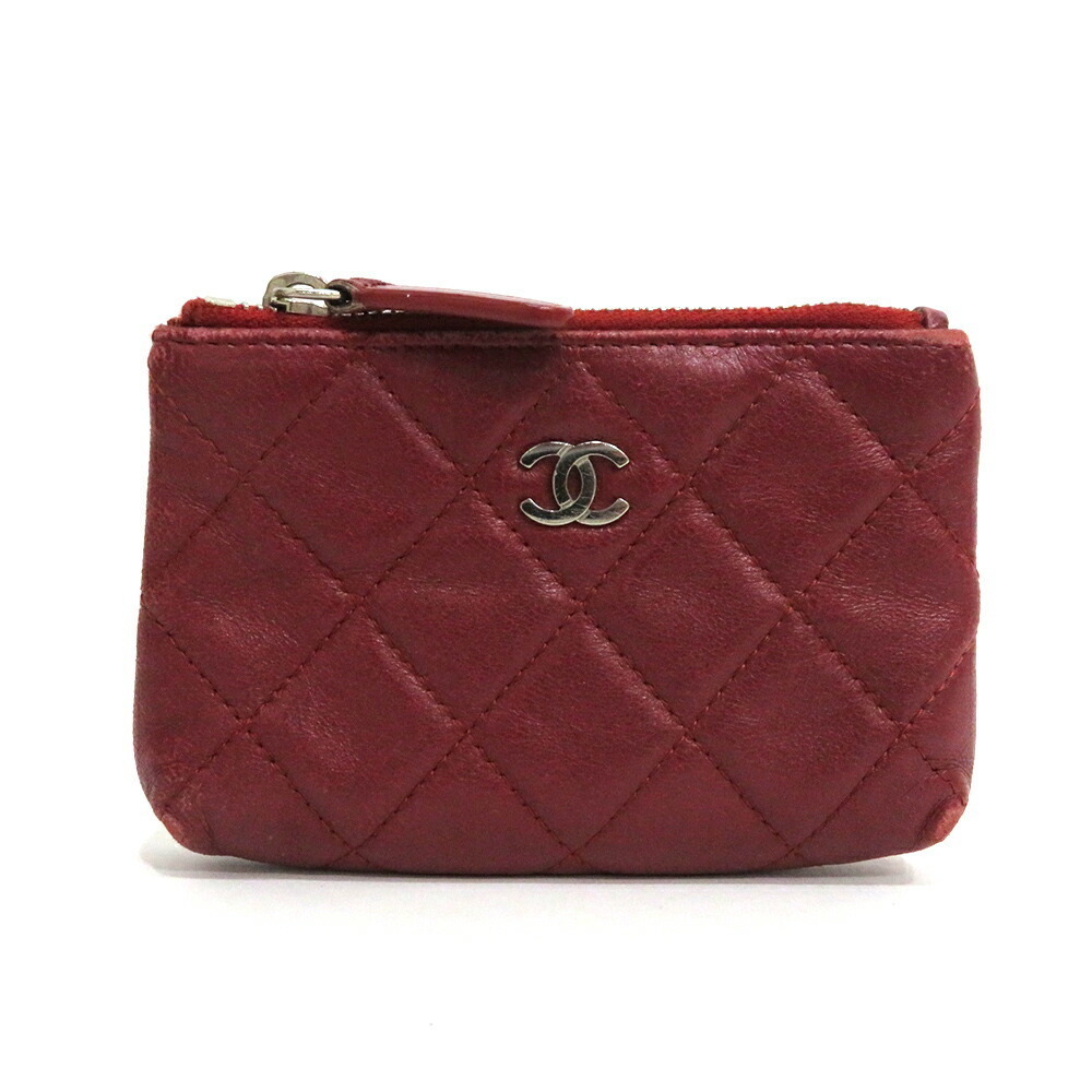 CHANEL Wallet Coin Case Keychain Coco Mark Red Lambskin